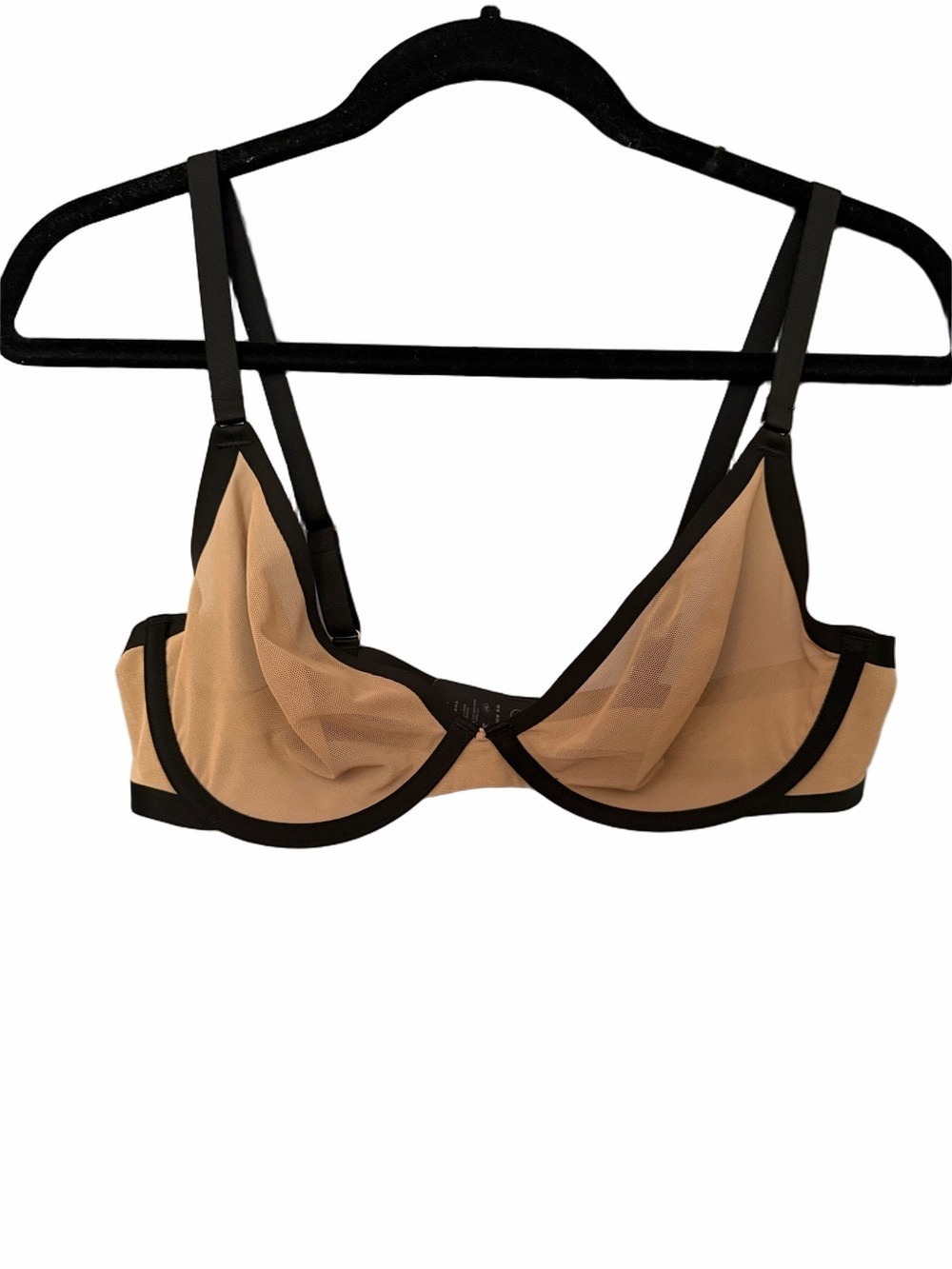 CUUP Sheer Mesh Underwire Bra Nude Beige Black Trim 36C Minimalist